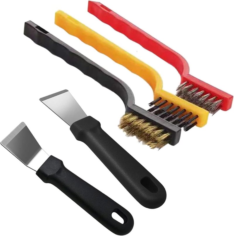 Txuolin 5Pcs Kitchen Stove Cleaning Brush + Scraper Tool Set, Heavy Duty Scraper for Gas Burners Cooktop Pot Pan Brass, Stainless Steel and Nylon Brush Head Brushes for Range Hood Grease Grime Cleaning Tools - Image 1