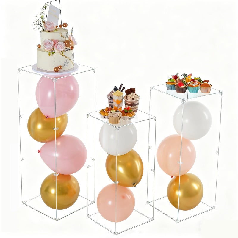 Vincidern 3pcs Acrylic Square Pedestal Stand for Party, Clear Lucite Display Pedestal for Flowers, Sculptures, Cake, Wedding, Events, Art Gallery, Party Decor 31.5*11.8''(L), 27.6*11.2''(M), 23.6*10.2''(S) - Image 1