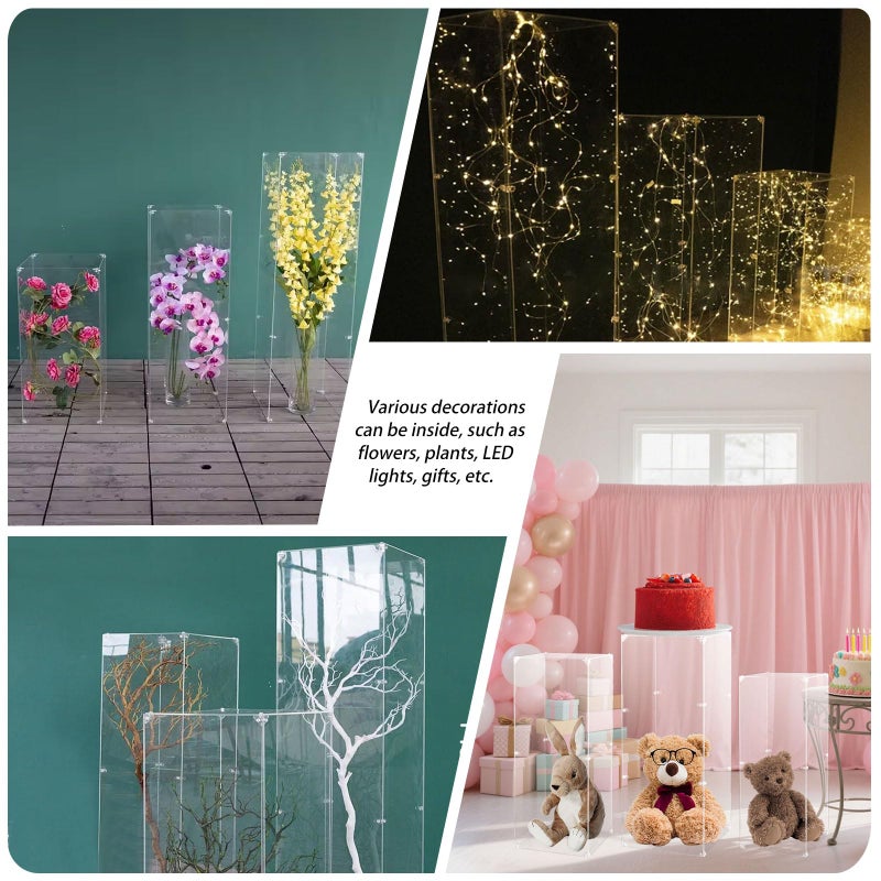 Vincidern 3pcs Acrylic Square Pedestal Stand for Party, Clear Lucite Display Pedestal for Flowers, Sculptures, Cake, Wedding, Events, Art Gallery, Party Decor 31.5*11.8''(L), 27.6*11.2''(M), 23.6*10.2''(S) - Image 4