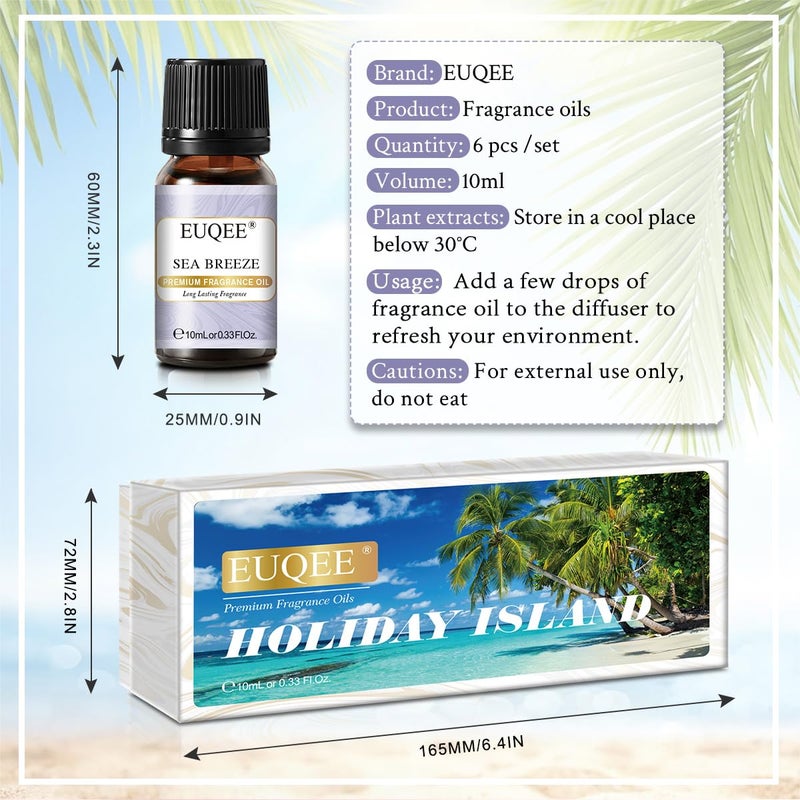 EUQEE Summer Fragrance Oil Gift Set of 6ï¼ŒHoliday Island Essential Oils Set for Humidifier, Aromarathepy-Pineapple, Coconut, Sea Breeze, Bubble Gum, Bay Rum, Marshmallow(10ml) - Image 2