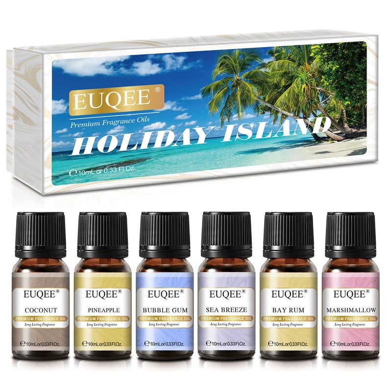 EUQEE Summer Fragrance Oil Gift Set of 6ï¼ŒHoliday Island Essential Oils Set for Humidifier, Aromarathepy-Pineapple, Coconut, Sea Breeze, Bubble Gum, Bay Rum, Marshmallow(10ml) - Image 1