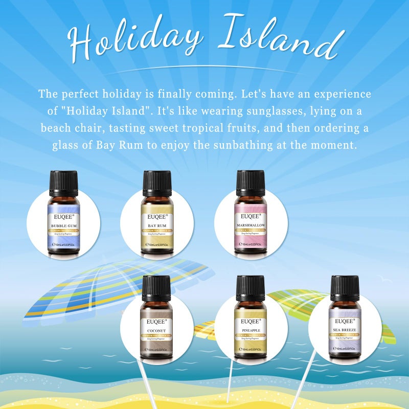 EUQEE Summer Fragrance Oil Gift Set of 6ï¼ŒHoliday Island Essential Oils Set for Humidifier, Aromarathepy-Pineapple, Coconut, Sea Breeze, Bubble Gum, Bay Rum, Marshmallow(10ml) - Image 3