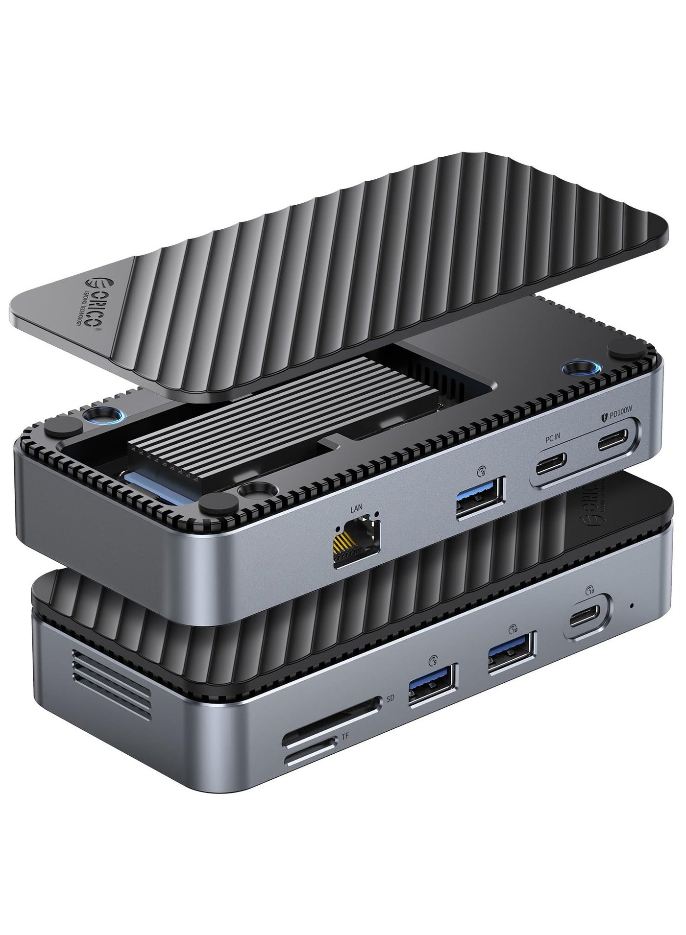 ORICO 9-in-1 USB C Hub with M.2 NVMe SSD Enclosure 10Gbps, Tool Free Hub Docking Station Adapter with Built-in Fan, Gigabit Ethernet, 100W PD, SD/TF, Type C & USB A for Laptop MacBook Mac mini -M2P7