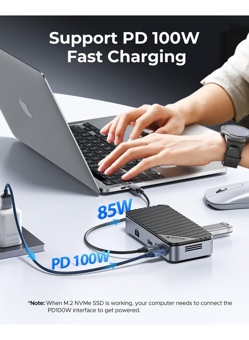 Orico ORICO 9-in-1 USB C Hub with M.2 NVMe SSD Enclosure 10Gbps, Tool Free Hub Docking Station Adapter with Built-in Fan, Gigabit Ethernet, 100W PD, SD/TF, Type C & USB A for Laptop MacBook Mac mini -M2P7 - Image 3