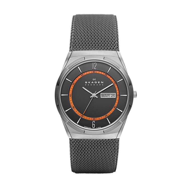 Skagen ساعة سكاجن للرجال ميلبي ثلاثية اليدين مع تاريخ اليوم بلون رمادي فحمي بحزام شبكي من التيتانيوم (الموديل: SKW6007) - Image 1