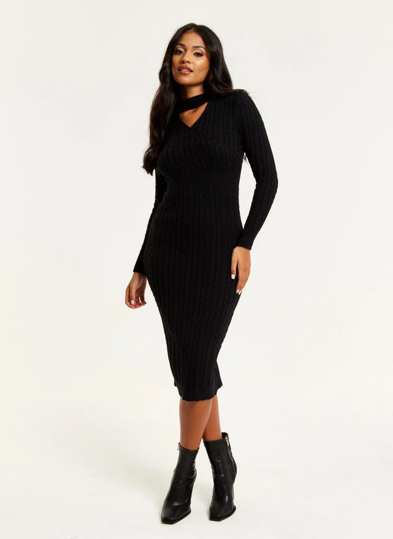 Liquorish Cut Out Front Cable Knit Midi Dress