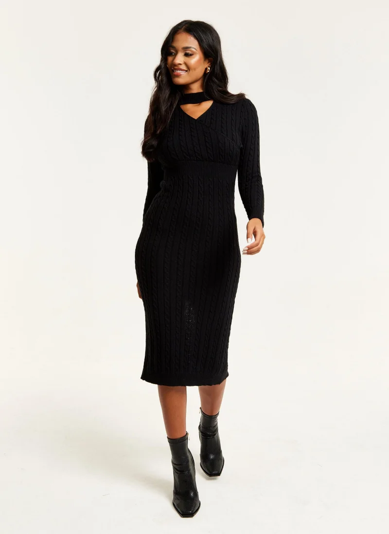 Liquorish Cut Out Front Cable Knit Midi Dress