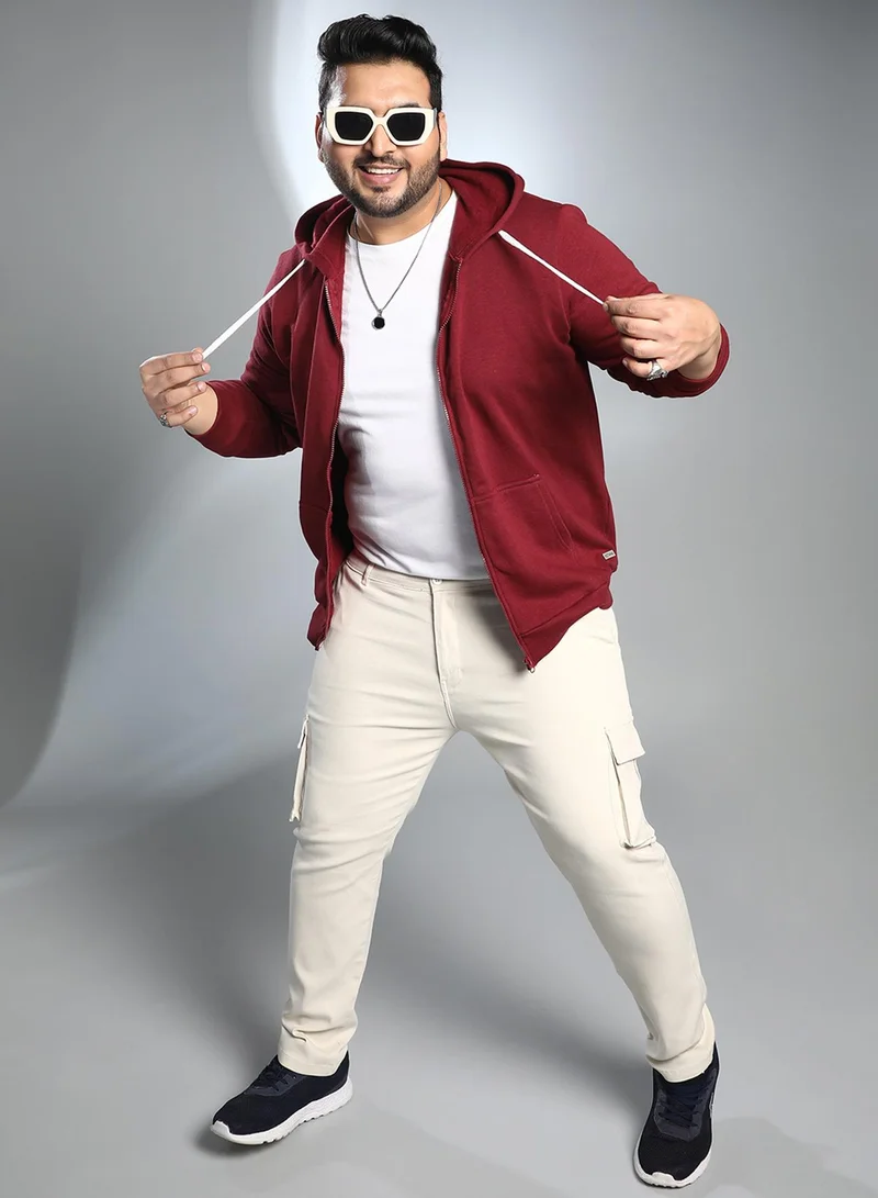 Instafab Plus Instafab Plus Men's Wine Red Solid Zip-Front Hoodie For Casual Wear | Hooded Neck | Long Cuffed Sleeves | Zipper Closure | Plus Size Sweatshirt Crafted With Comfort Fit For Everyday Wear