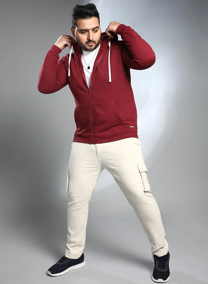 Instafab Plus Instafab Plus Men's Wine Red Solid Zip-Front Hoodie For Casual Wear | Hooded Neck | Long Cuffed Sleeves | Zipper Closure | Plus Size Sweatshirt Crafted With Comfort Fit For Everyday Wear