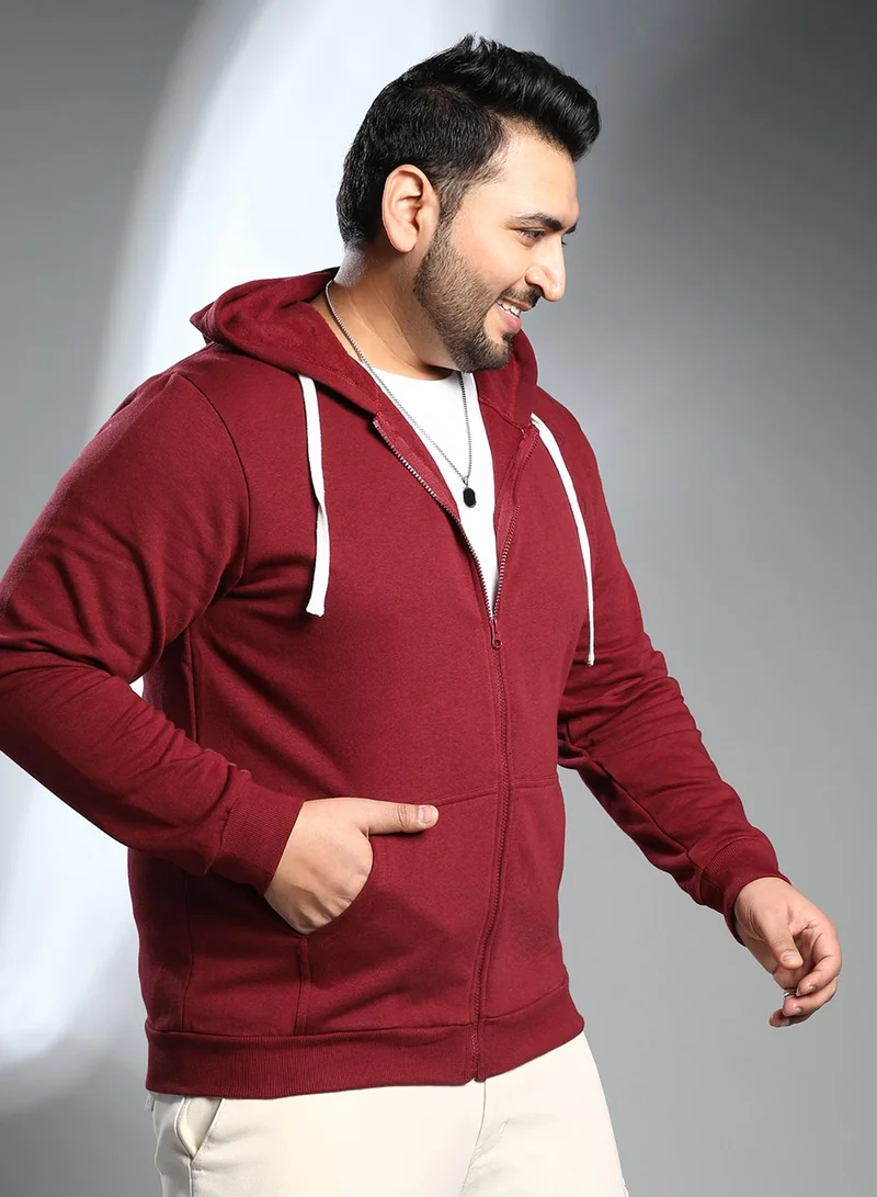 Instafab Plus Instafab Plus Men's Wine Red Solid Zip-Front Hoodie For Casual Wear | Hooded Neck | Long Cuffed Sleeves | Zipper Closure | Plus Size Sweatshirt Crafted With Comfort Fit For Everyday Wear
