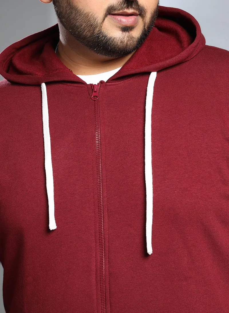 Instafab Plus Instafab Plus Men's Wine Red Solid Zip-Front Hoodie For Casual Wear | Hooded Neck | Long Cuffed Sleeves | Zipper Closure | Plus Size Sweatshirt Crafted With Comfort Fit For Everyday Wear