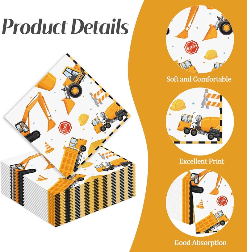 KFJBPB 50 Pcs Construction Napkins 13 x 13 Inches, Excavator Paper Napkins Construction Theme Disposable Cocktail Napkins for Kids Boys Birthday Party Decorations (Construction) - Image 3