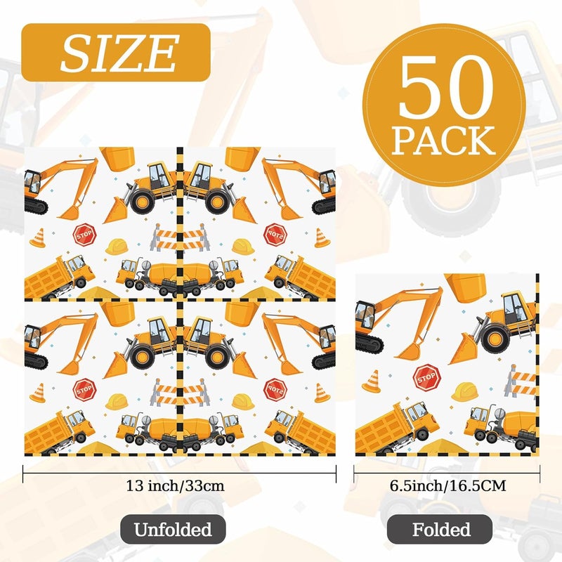 KFJBPB 50 Pcs Construction Napkins 13 x 13 Inches, Excavator Paper Napkins Construction Theme Disposable Cocktail Napkins for Kids Boys Birthday Party Decorations (Construction) - Image 2