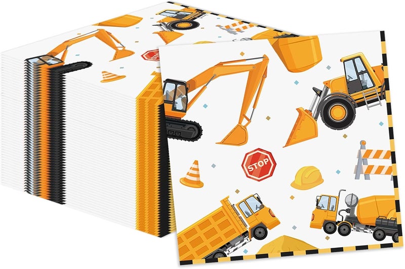 KFJBPB 50 Pcs Construction Napkins 13 x 13 Inches, Excavator Paper Napkins Construction Theme Disposable Cocktail Napkins for Kids Boys Birthday Party Decorations (Construction) - Image 1