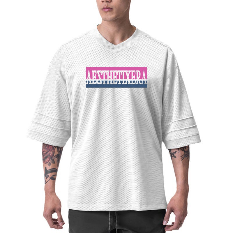 fitness sports short sleeve and fashion casual half sleeve loose plus size T-shirt summer personality stitching - Image 2