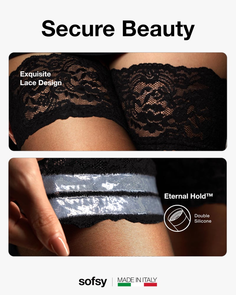 sofsy Premium Italian-Made Women's Sheer Black Thigh High Stockings | 20 Den Silicone Lace Top Stay Up Nylon | Breathable All-Day Comfort - M/L - Image 4