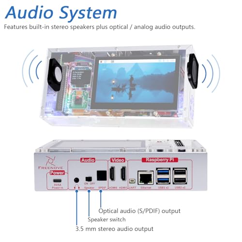 FREENOVE Raspberry Pi 5 Case with Screen (4.3'' Touchscreen), 128GB M.2 NVMe SSD 800 MB/s, 5 MP Camera, OLED Screen, Stereo Speakers, 3.5 mm and Optical Audio (S/PDIF) - Image 5