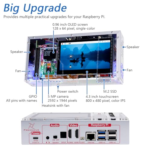 FREENOVE Raspberry Pi 5 Case with Screen (4.3'' Touchscreen), 128GB M.2 NVMe SSD 800 MB/s, 5 MP Camera, OLED Screen, Stereo Speakers, 3.5 mm and Optical Audio (S/PDIF) - Image 3