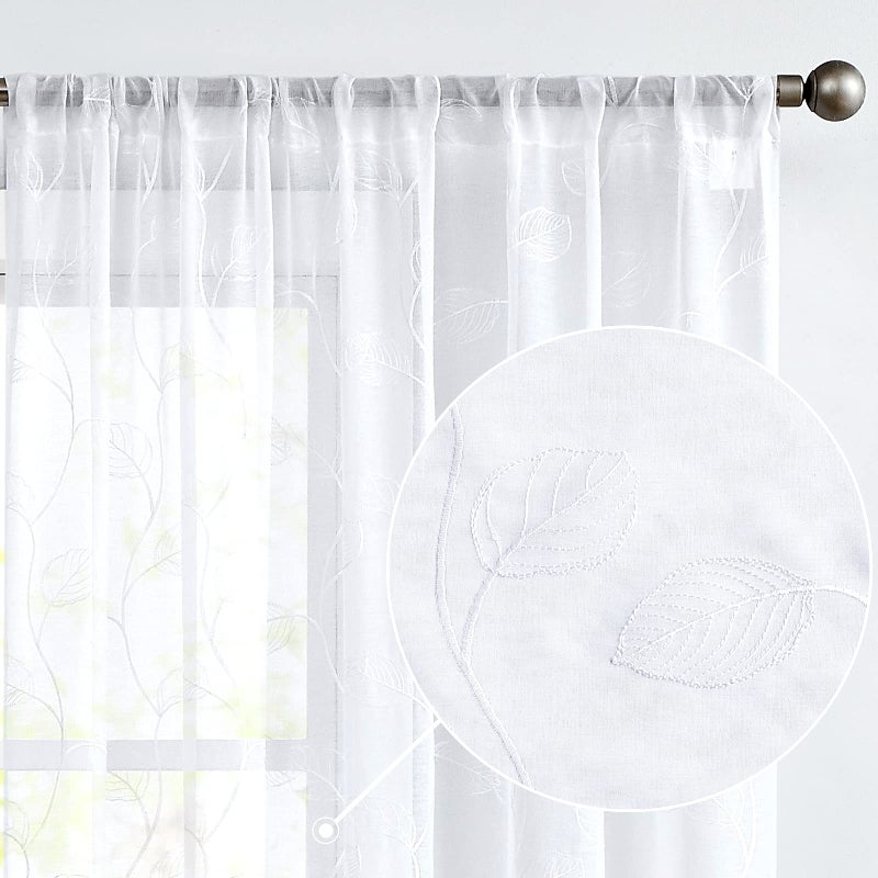 Lazzzy White Sheer Curtains Leaf Embroidered 90 Inch Long for Living Room Bedroom Rod Pocket Voile Window Drapes 2 Panels