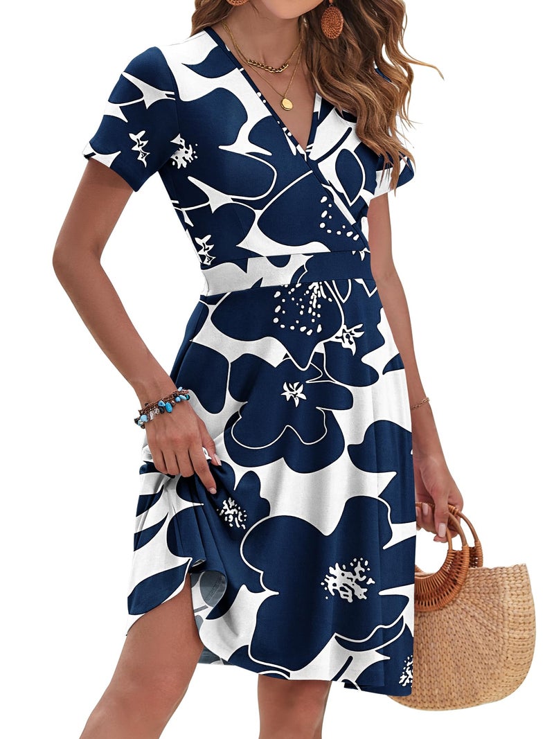 AUSELILY Summer Dress 2026 Short Sleeve V Neck Floral Empire Waist Dress with Pockets, White Navy Flower L - Image 2