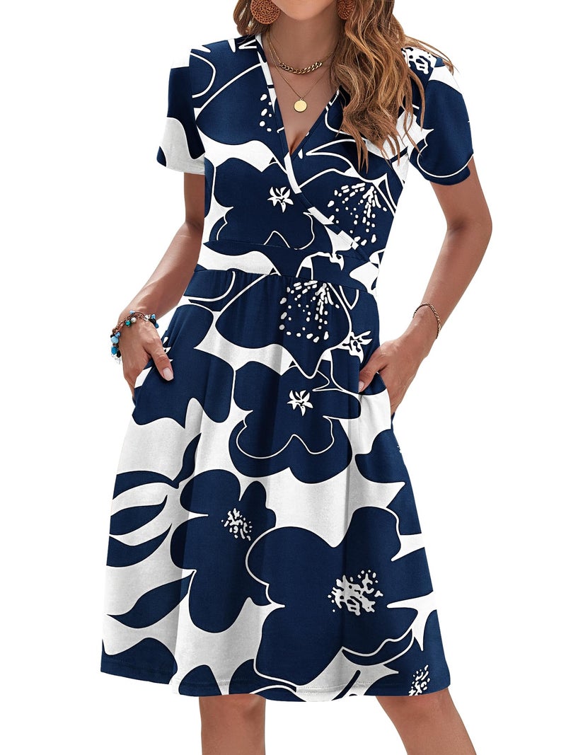 AUSELILY Summer Dress 2026 Short Sleeve V Neck Floral Empire Waist Dress with Pockets, White Navy Flower L - Image 1