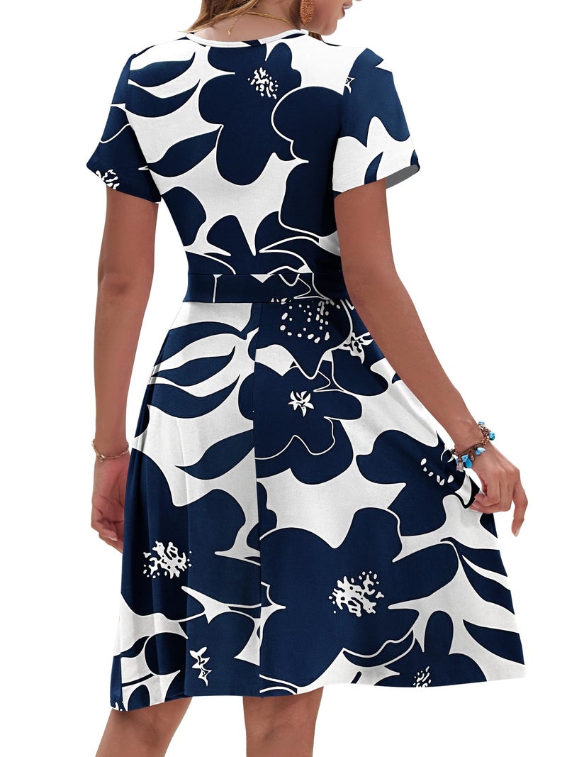 AUSELILY Summer Dress 2026 Short Sleeve V Neck Floral Empire Waist Dress with Pockets, White Navy Flower L - Image 4