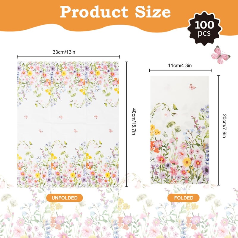 BHHQHH 100Pcs Disposable Floral Paper Napkins Decorative Bathroom Napkins Guest Disposable Wild Flower Hand Towels Dinner Party Napkins for Wedding Birthday Party Baby Shower - Image 2