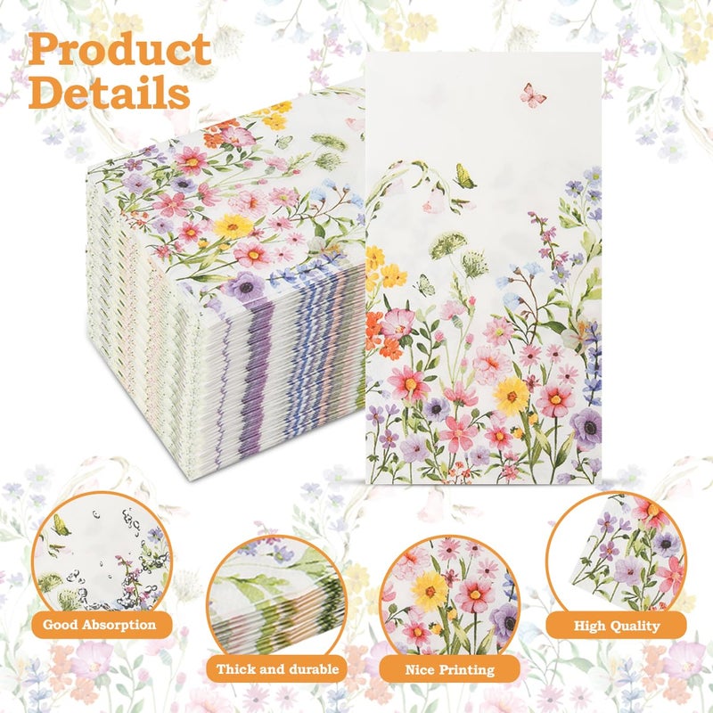 BHHQHH 100Pcs Disposable Floral Paper Napkins Decorative Bathroom Napkins Guest Disposable Wild Flower Hand Towels Dinner Party Napkins for Wedding Birthday Party Baby Shower - Image 3