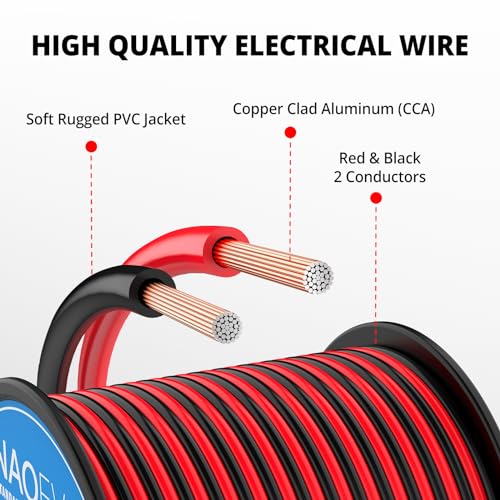 NAOEVO 18 Gauge Wire 100FT, 2 Conductors Electrical Wire Red Black Cable, Flexible/Low Voltage/PVC 18 AWG Copper Clad Aluminum Extension Cord for Speaker, LED Strips, Automotive 12V/24V DC - Image 2