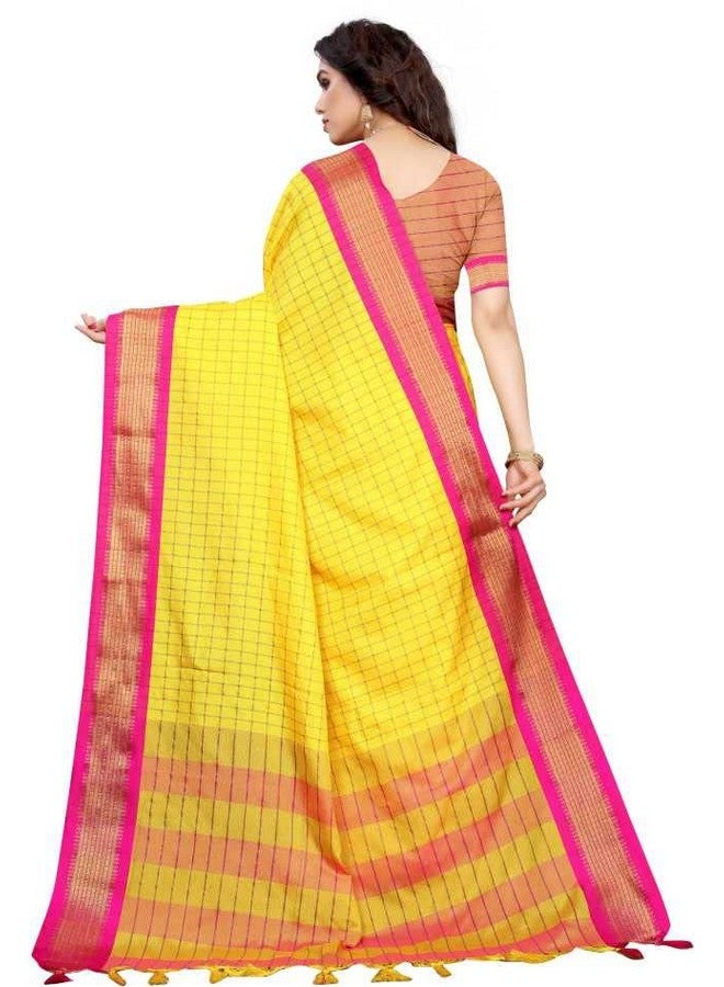 Siya Enterprise Womens Siy Silk Studio Upada Chex Cotton Fancy Saree (Yellow_Rani) - Image 4
