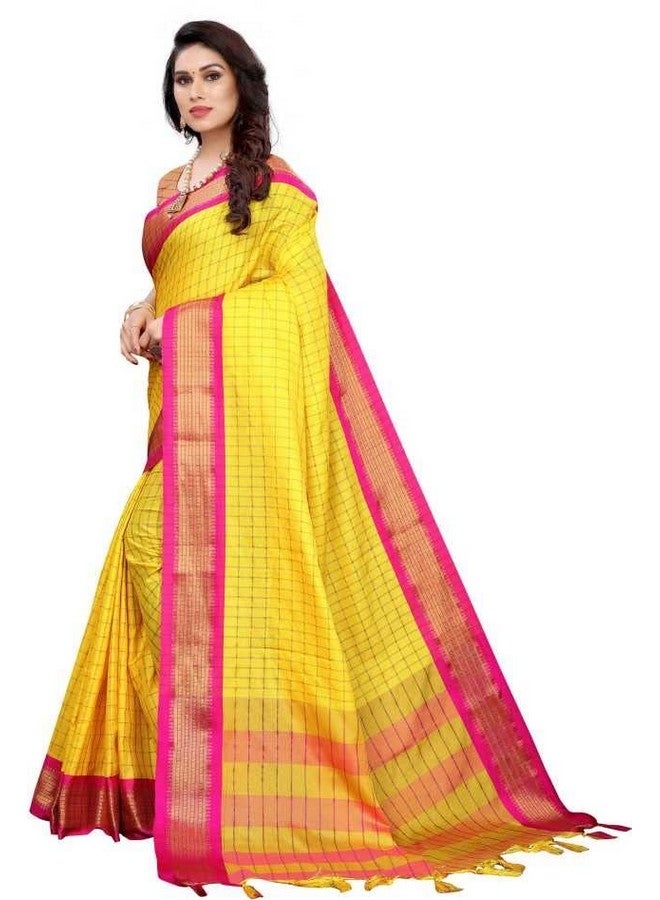 Siya Enterprise Womens Siy Silk Studio Upada Chex Cotton Fancy Saree (Yellow_Rani) - Image 2