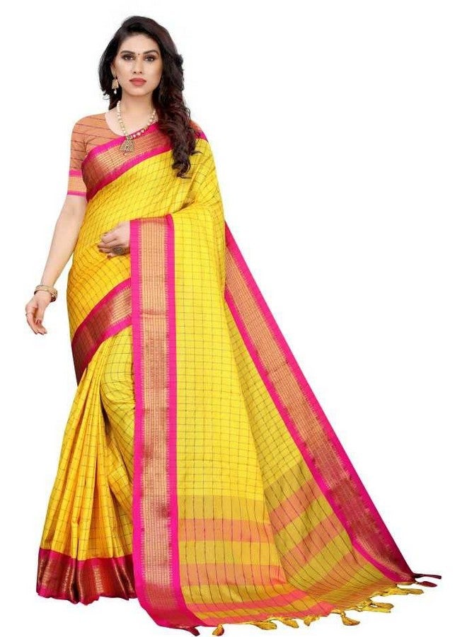 Siya Enterprise Womens Siy Silk Studio Upada Chex Cotton Fancy Saree (Yellow_Rani) - Image 1