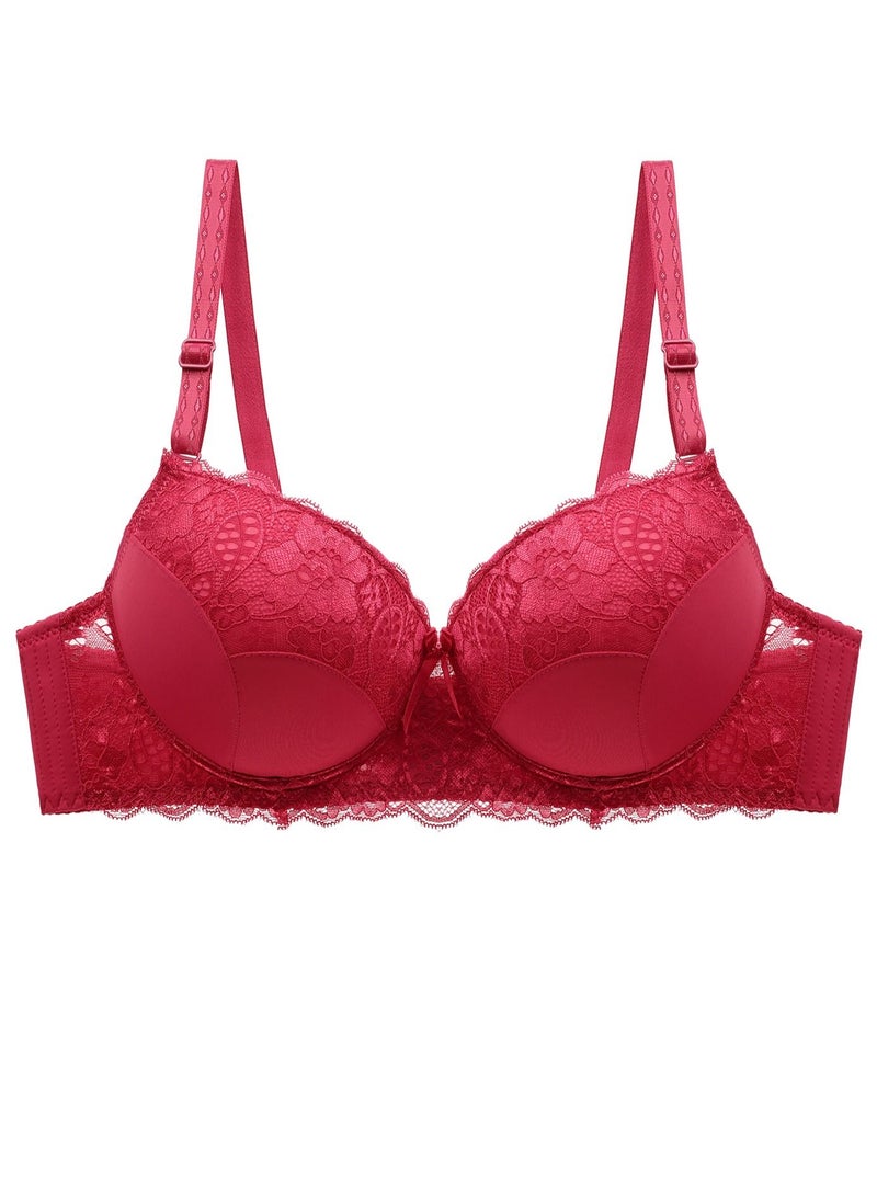 Loquat Solid Color Thin Cup C D Cup Lace Bra Women's Underwear Red 