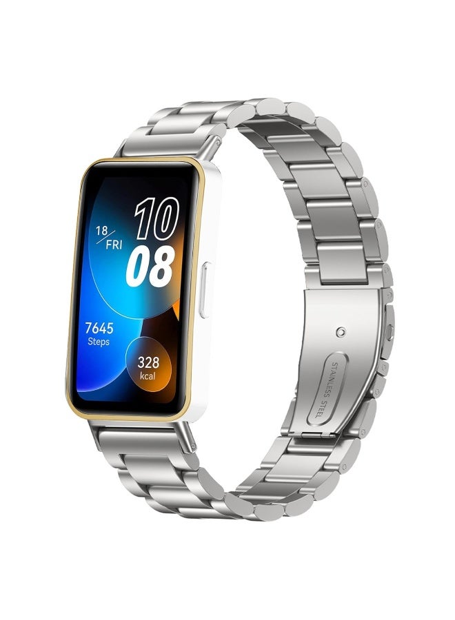 Stainless Steel Watch Strap for Huawei Band 10/Huawei Band 9/Huawei Band 8, 3 Beads Stainless Steel Adjustable Smartwatch Replacement Bracelet Wristbands for Women Men (Silver) - Image 1