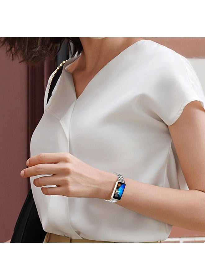 Stainless Steel Watch Strap for Huawei Band 10/Huawei Band 9/Huawei Band 8, 3 Beads Stainless Steel Adjustable Smartwatch Replacement Bracelet Wristbands for Women Men (Silver) - Image 3