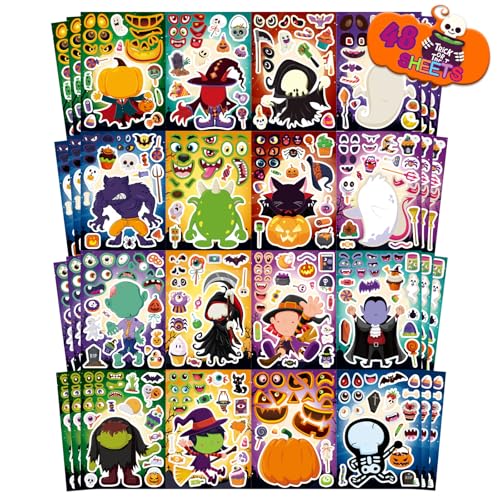 DUJAA 48 Sheets Halloween Make a Face Stickers for Kids 16 Design Make Your Own Character Mix and Match Stickers Sheets Halloween Party Favor - Image 1