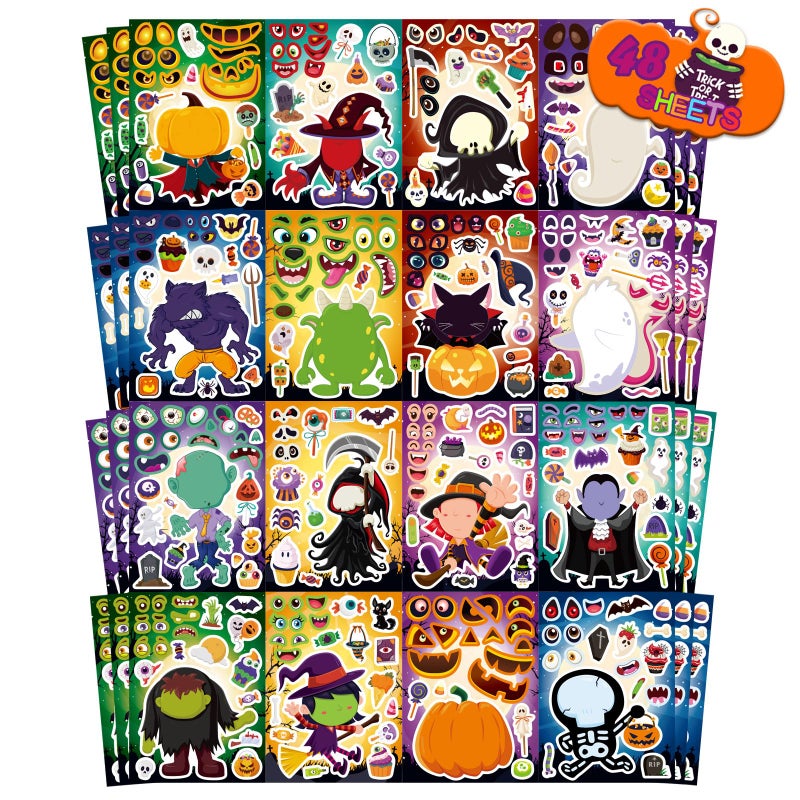 DUJAA 48 Sheets Halloween Make a Face Stickers for Kids 16 Design Make Your Own Character Mix and Match Stickers Sheets Halloween Party Favor - Image 2