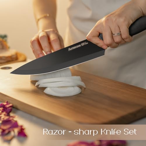 Astercook Knife Set, Kitchen Knives with Block and Sharpener 22 Pcs German Stainless Steel Knives Sharp Blade Dishwasher Safe Knife Set with Anti-slip Ergonomic Handle, Elegant Black - Image 2