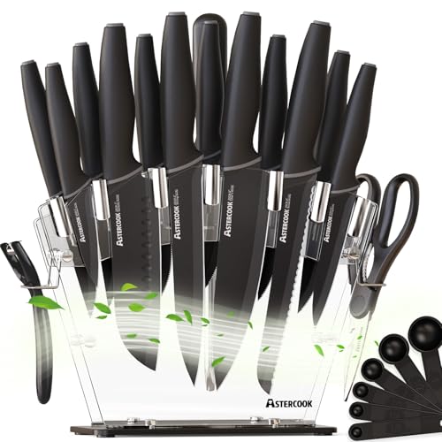 Astercook Knife Set, Kitchen Knives with Block and Sharpener 22 Pcs German Stainless Steel Knives Sharp Blade Dishwasher Safe Knife Set with Anti-slip Ergonomic Handle, Elegant Black - Image 1