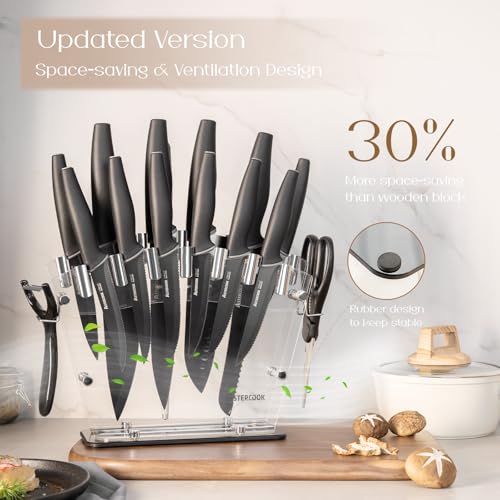 Astercook Knife Set, Kitchen Knives with Block and Sharpener 22 Pcs German Stainless Steel Knives Sharp Blade Dishwasher Safe Knife Set with Anti-slip Ergonomic Handle, Elegant Black - Image 4