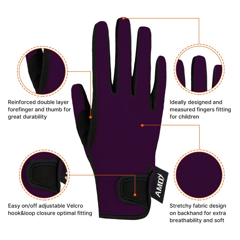 Amoy Kids Horse Riding Gloves Stretch Equestrian Horseback Gloves Boys & Girls Youth Outdoor Mitts Perfect for Biking Cycling Gardening Deep Purple M Age 8-10 - Image 2