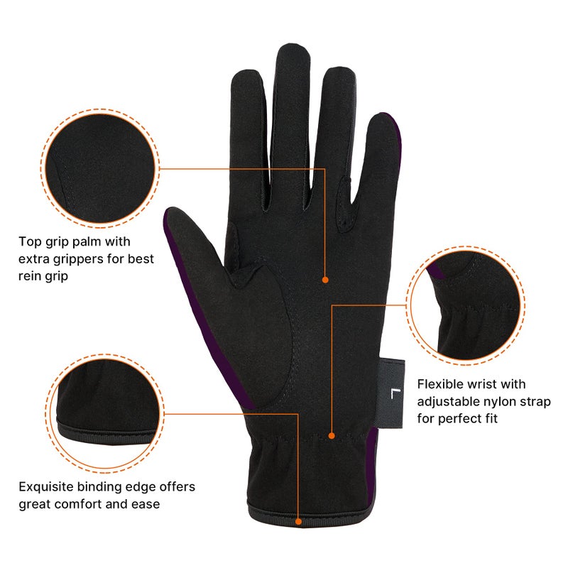 Amoy Kids Horse Riding Gloves Stretch Equestrian Horseback Gloves Boys & Girls Youth Outdoor Mitts Perfect for Biking Cycling Gardening Deep Purple M Age 8-10 - Image 3