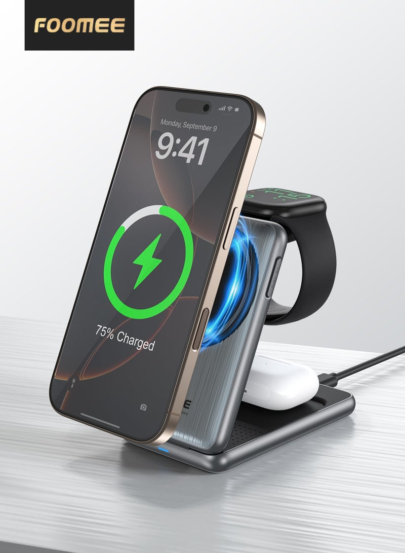 فو ميالتكنولوجيا المحدودة شاحن لاسلكي لأجهزة آيفون - محطة شحن لاسلكية 3 في 1، متوافق مع شاحن MagSafe، مضغوط وقابل للطي، حامل شحن لاسلكي 15 واط Qi2 لأجهزة iPhone 17/16/15/14/13/12، سامسونج، شاومي (مع خاصية الالتصاق المغناطيسي) - Image 1