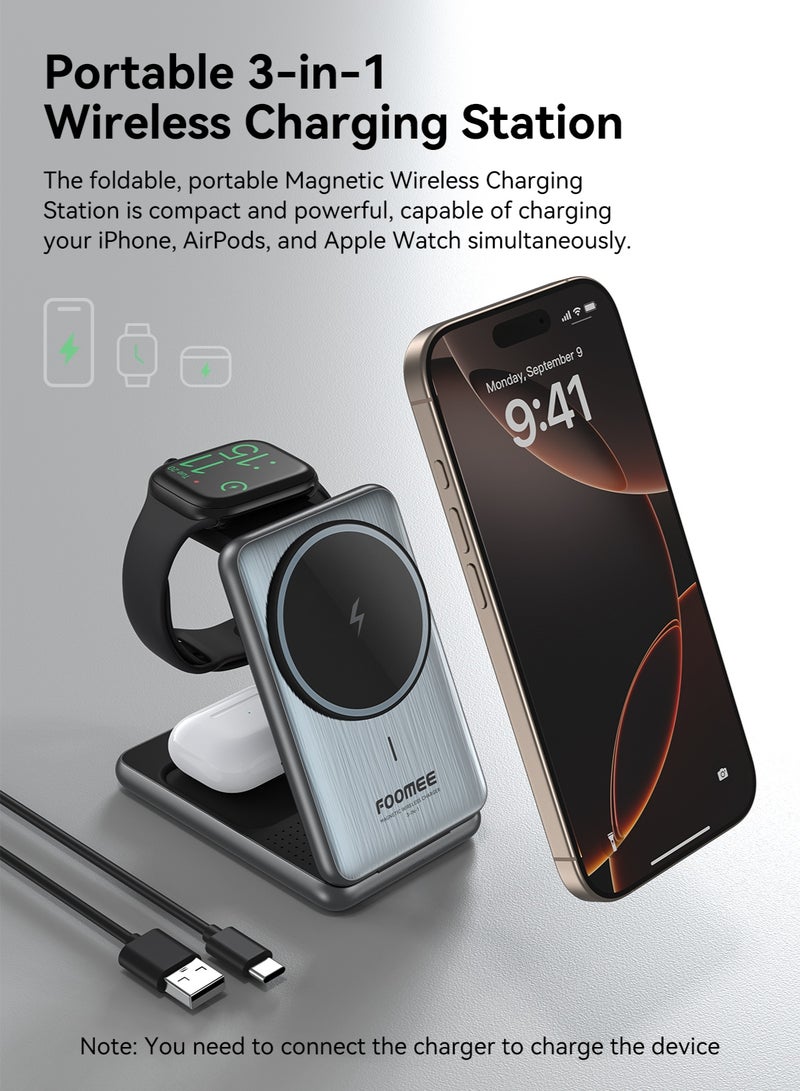فو ميالتكنولوجيا المحدودة شاحن لاسلكي لأجهزة آيفون - محطة شحن لاسلكية 3 في 1، متوافق مع شاحن MagSafe، مضغوط وقابل للطي، حامل شحن لاسلكي 15 واط Qi2 لأجهزة iPhone 17/16/15/14/13/12، سامسونج، شاومي (مع خاصية الالتصاق المغناطيسي) - Image 3