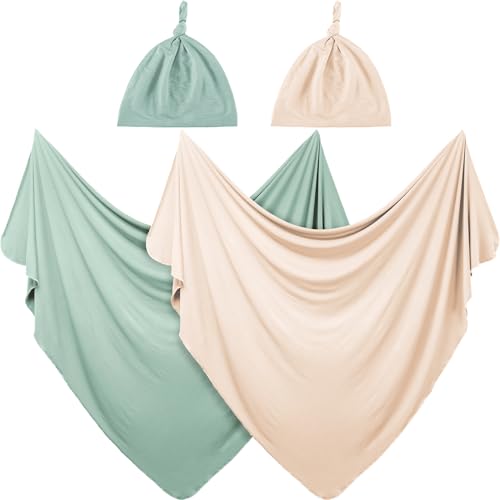 JaGely 2 Pcs Stretchy Baby Swaddle Blankets Set with Hats Extra Soft 47" x 47" Newborn Nursery Swaddle Wrap for Baby Girls and Boys(Green, Apricot) - Image 1