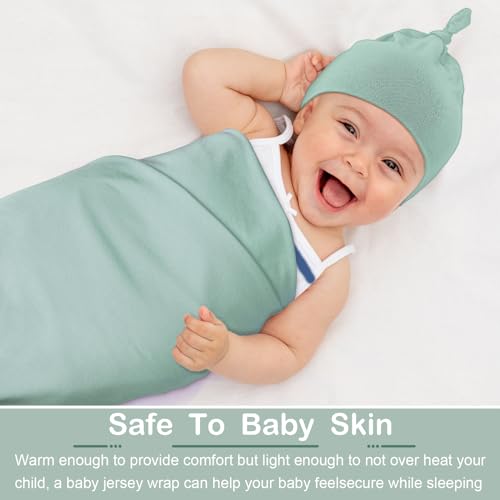 JaGely 2 Pcs Stretchy Baby Swaddle Blankets Set with Hats Extra Soft 47" x 47" Newborn Nursery Swaddle Wrap for Baby Girls and Boys(Green, Apricot) - Image 5