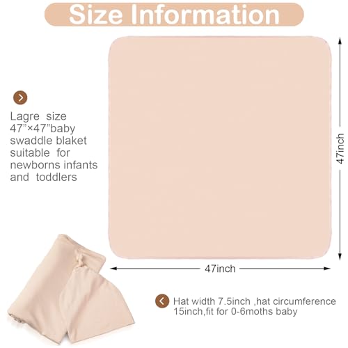 JaGely 2 Pcs Stretchy Baby Swaddle Blankets Set with Hats Extra Soft 47" x 47" Newborn Nursery Swaddle Wrap for Baby Girls and Boys(Green, Apricot) - Image 2