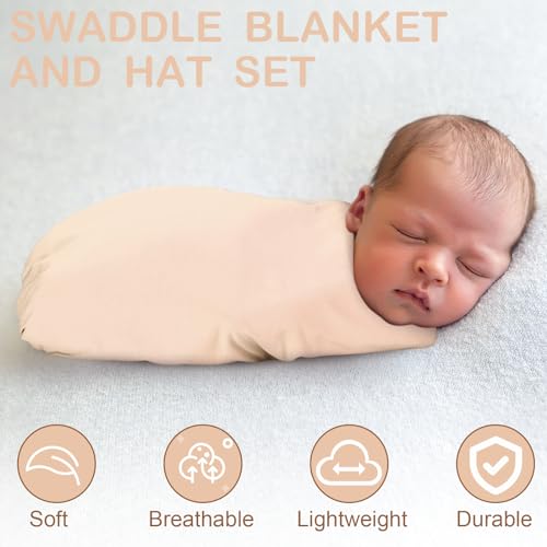 JaGely 2 Pcs Stretchy Baby Swaddle Blankets Set with Hats Extra Soft 47" x 47" Newborn Nursery Swaddle Wrap for Baby Girls and Boys(Green, Apricot) - Image 4