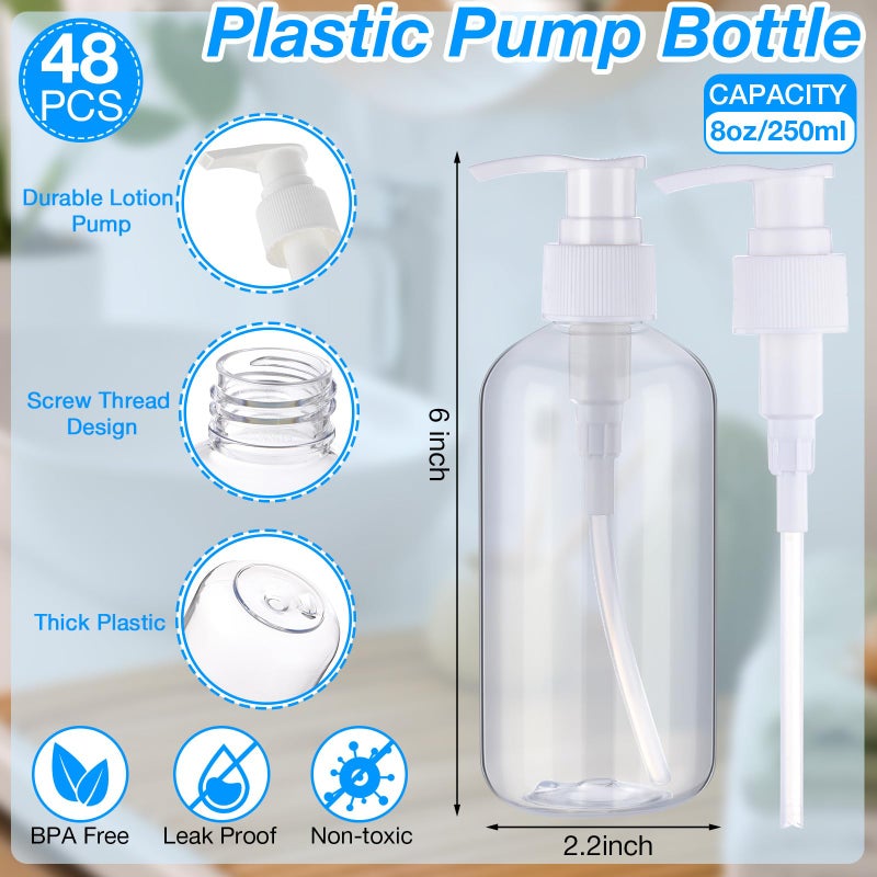 Eaasty 48 Pcs Pump Bottle Lotion Dispenser Refillable Shampoo Conditioner Hand Soap Dispenser Plastic Empty 8oz/250ml Clear Reusable Body Wash Container Bulk (Clear, White) - Image 2