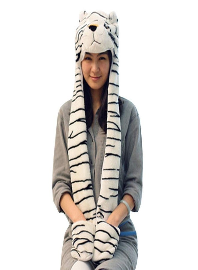 V3E Baby Boy's 3-in-1 Function Cartoon Animal Hood Earflap Cap Hat Scarf Gloves Mittens Furry Hoodie Cute Plush Beanie (Off-White) - Image 2